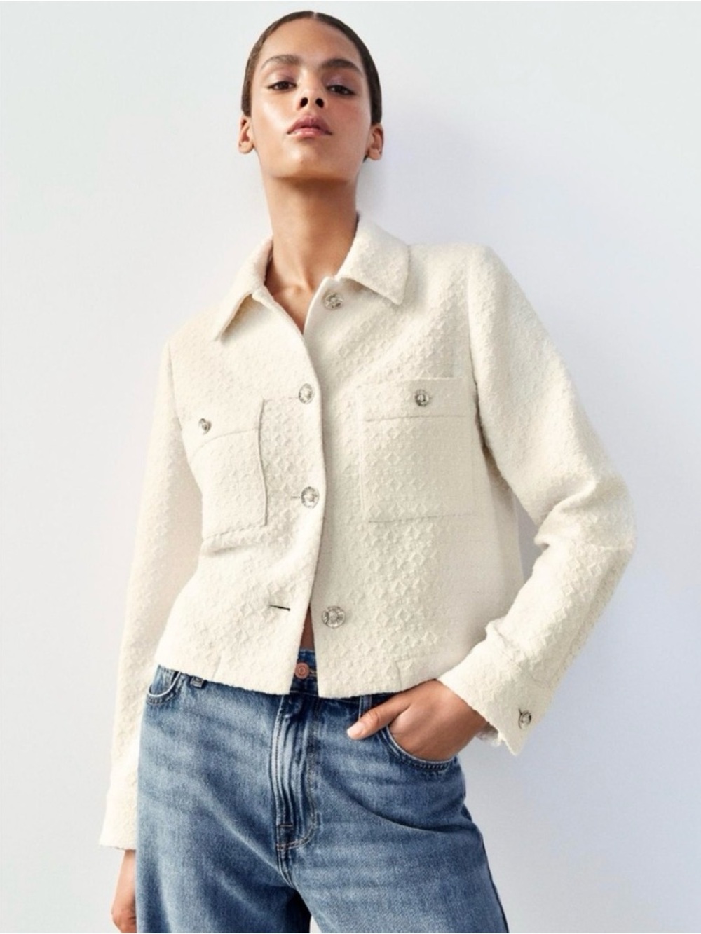 Zara Women's Cream Textured Button-Front Jacket